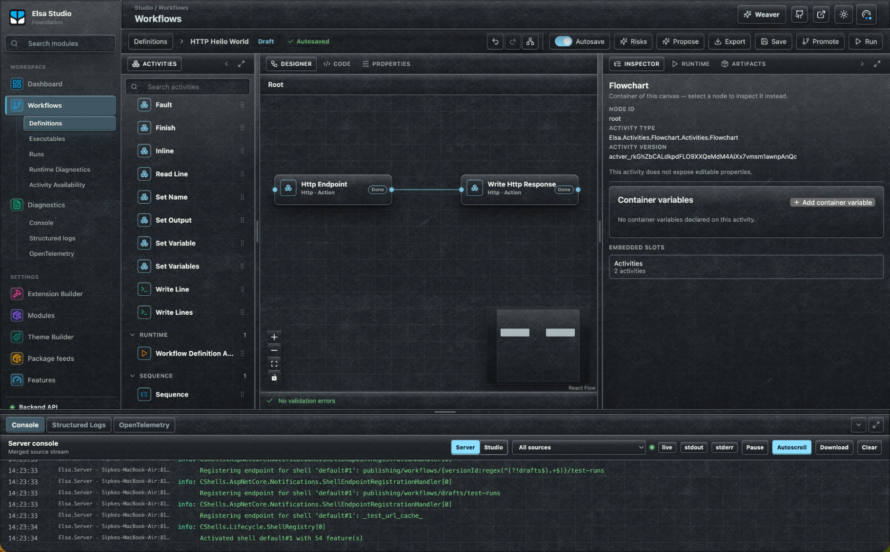 Elsa Studio workflow designer showing an HTTP Hello World workflow with the designer canvas, activities, and inspector panels